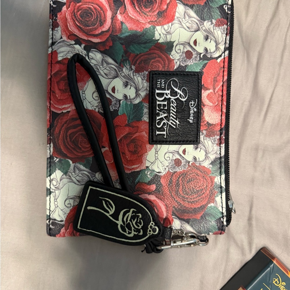 Disney Beauty and the Beast Red Floral Wristlet